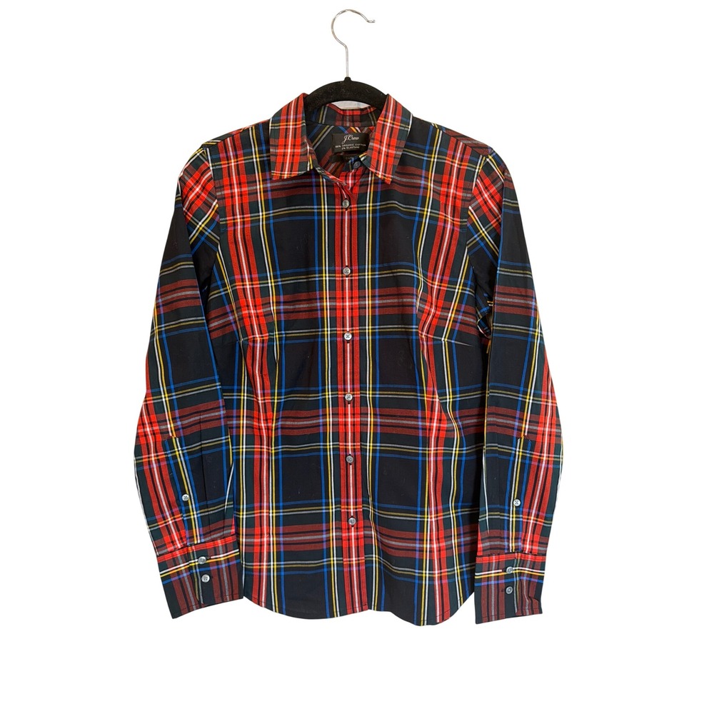 J. Crew Womens Curvy Plaid Button Down Shirt Red Black Organic Cotton Size 2